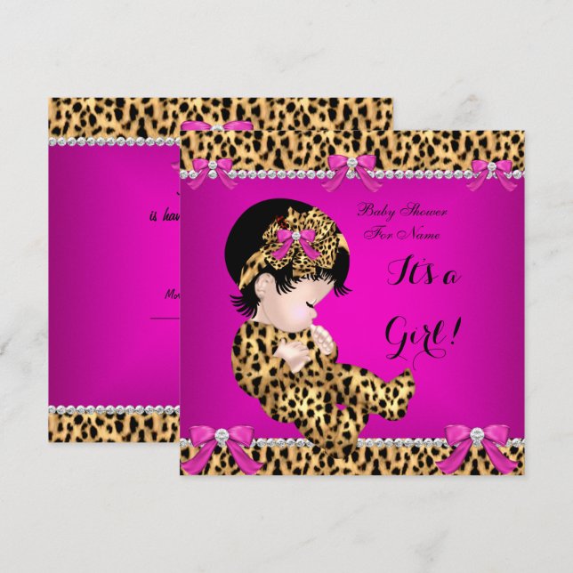 Convite Chuva de Bebê Bebê Menina Fofa Leopardo Rosa Quent (Frente/Verso)