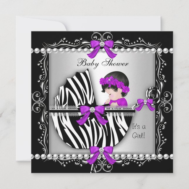 Convite Chuva de Bebê Bebê Menina Fofo Zebra Carrinho Prat (Frente)