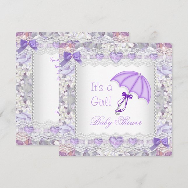 Convite Chuva de Bebê Bebê Menina Lavanda Floral Guarda-Ch (Frente/Verso)