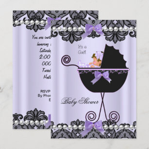 Convite Chuva de Bebê Bebê Menina Lavanda Roxo Preto Renda
