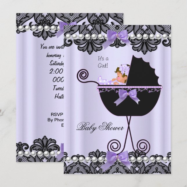 Convite Chuva de Bebê Bebê Menina Lavanda Roxo Preto Renda (Frente/Verso)
