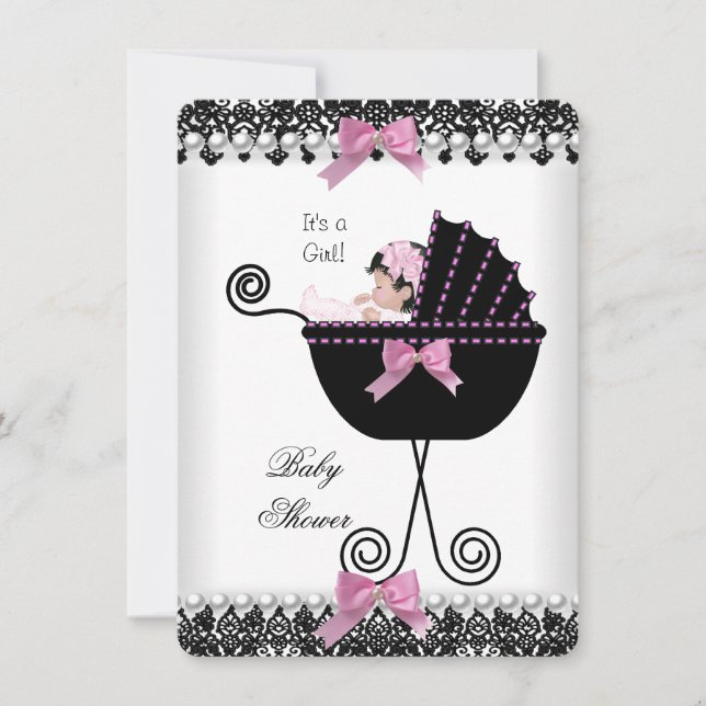 Convite Chuva de Bebê Bebê Menina Rosa Preto Branco Renda (Frente)