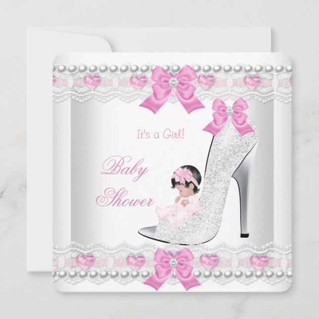 Convite Chuva de Bebê Bebê Menina Rosa Renda Branca Sapato (Frente)
