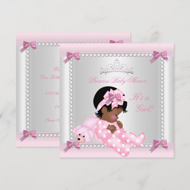 Convite Chuva de Bebê Bebê Menina Urso Rosa Afro-Americano (Frente/Verso)