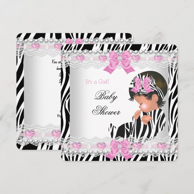 Convite Chuva de Bebê Bebê Menina Zebra Rosa Coração (Frente/Verso)