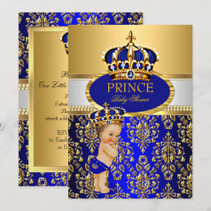 Convite Chuva de Bebê Bebê Menino Coroa Azul Real