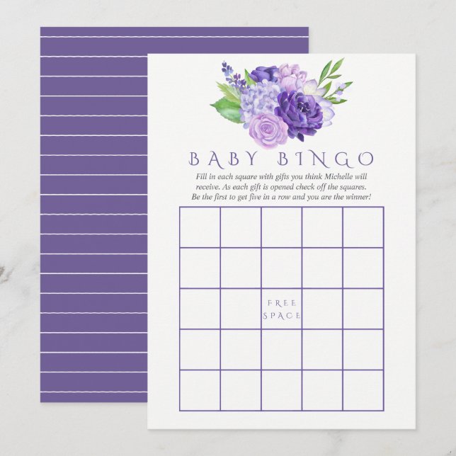 Convite Chuva de Bebê Bingo Floral Aquarela Violeta Ultra (Frente/Verso)
