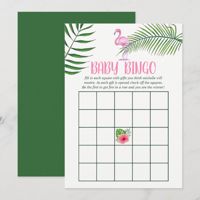 Convite Chuva de Bebê Bingo Tropical Flamingo Aquarela (Frente/Verso)