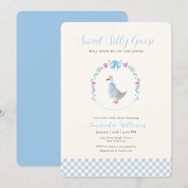 Convite Chuva de Bebê Blue Gingham Woodland Silly Goose (Frente/Verso)