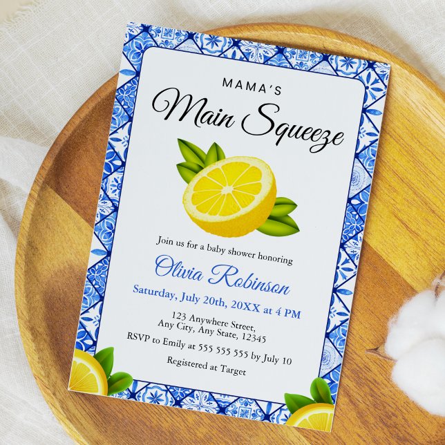 Convite Chuva de Bebê Blue Tile Lemon Mama's Main Squeeze (Blue Tile Mediterranean Mama's Main Squeeze Baby Shower Invitation )