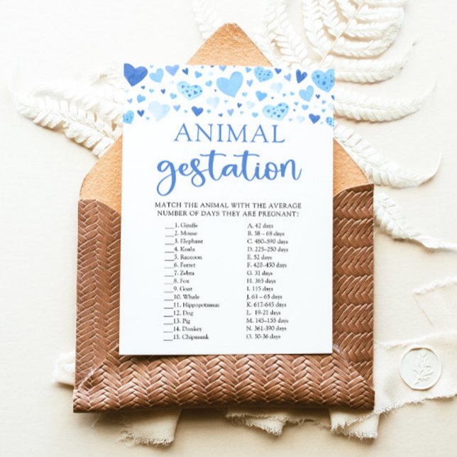 Convite Chuva de Bebê Blue Valentine Jogo de Gestação Anim (Watercolor Cute Blue Hearts Valentine Sweetheart February Boy Animal Gestation Baby Baby Shower Game)