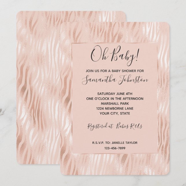 Convite Chuva de Bebê Blush Rosa Pêssego Zebra (Frente/Verso)