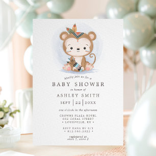Convite Chuva de Bebê Boêmio de Macaco Boho Aquarela Triba