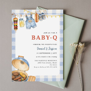 Convite Chuva de Bebê Boho Azul Xadrez BBQ Baby Q