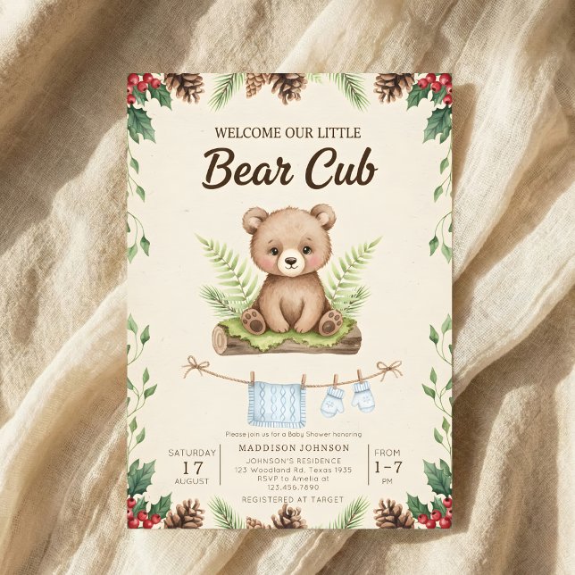 Convite chuva de bebê boho chic floresta urso verde (Criador carregado)