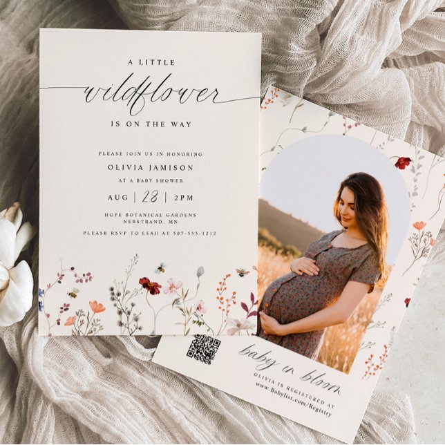 Convite Chuva de Bebê Boho Flor Silvestre Vegetação (Boho A little Wildlflower Baby Shower Invitation with photo on back)