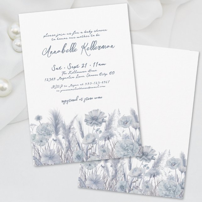 Convite Chuva de Bebê Boho Floral Azul Empoeirado (Dusty Blue Pampas Floral Boho Baby Shower Invitation)