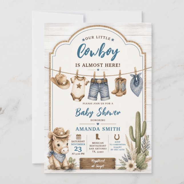 Convite Chuva de Bebê Boho Nosso Pequeno Cowboy Cavalo do  (Frente)