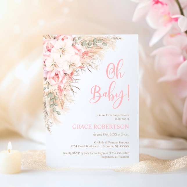 Convite Chuva de Bebê Boho Orquídeas Peônias Menina Oh Beb (Boho Pampas Orchids Peonies Girl Oh Baby Shower Invitation)