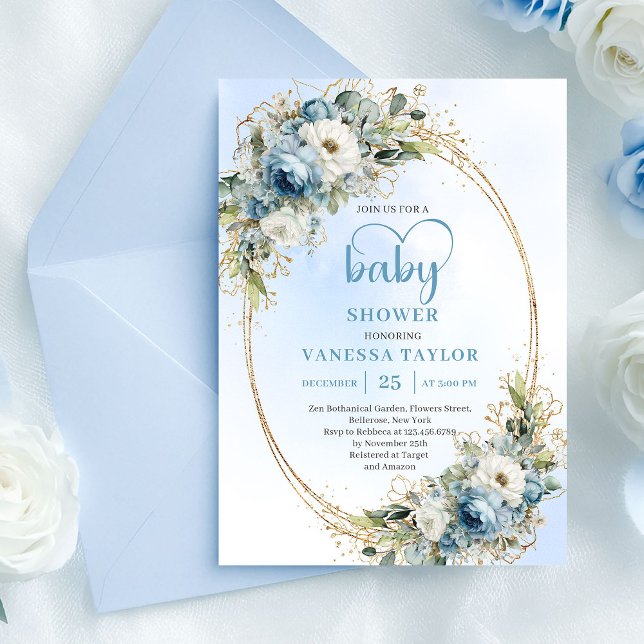 Convite Chuva de Bebê Boho Pastel Azul Eucalipto Folhagem  (Boho Pastel Blue Eucalyptus Greenery Baby Shower Invite)