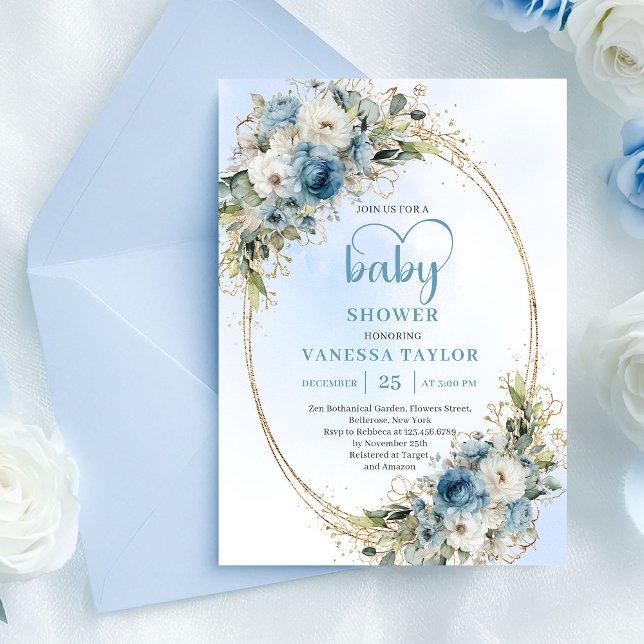 Convite Chuva de Bebê Boho Poeira Azul Flores Dourado Scri (Boho Dusty Blue Flowers Gold Script Baby Shower Card

)