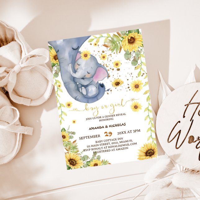 Convite Chuva de Bebê Boho Revelação de Gênero Elefante Gi (Criador carregado)