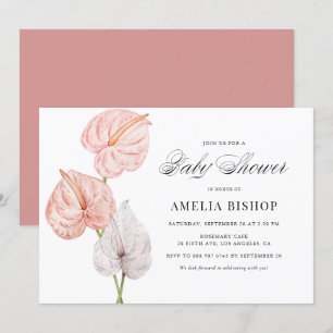 Convite Chuva de Bebê Boho Rosa Anthuriums Aquarela