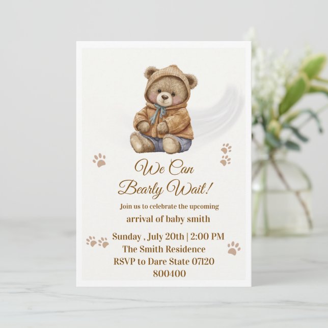 Convite Chuva de Bebê Boho Urso de Pelúcia "Mal Podemos Es (Em pé/Frente)
