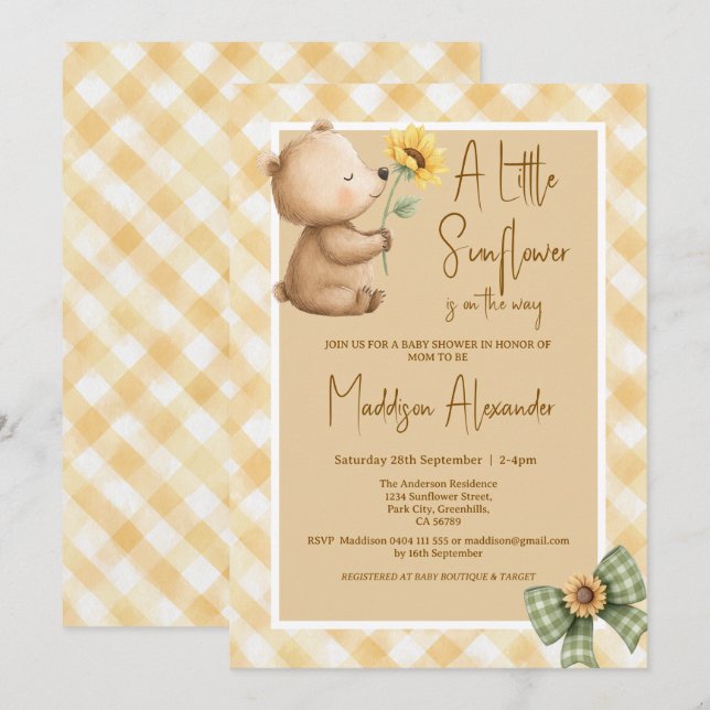 Convite Chuva de Bebê Boho Urso Marrom Girassol (Frente/Verso)