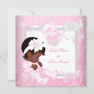 Convite Chuva de Bebê Bonita Menina Rosa Borboleta Étnica