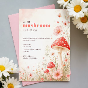 Convite Chuva de Bebê Borboleta Cogumelo Rosa Bebê Menina