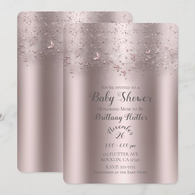 Convite Chuva de Bebê Borboleta com Brilho Rosa Flutter (Frente/Verso)