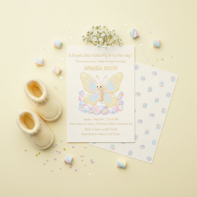Convite Chuva de Bebê Borboleta com Creme de Limão Amarelo (Yellow Lemon Cream Butterfly Baby Shower Invitation)