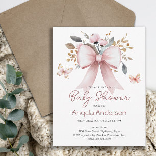 Convite Chuva de Bebê Borboleta Laço Floral Rosa Elegante