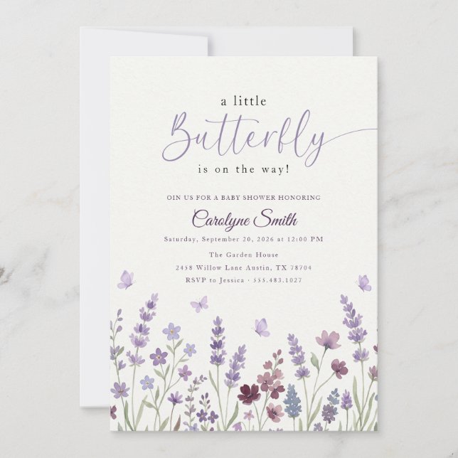Convite Chuva de Bebê Borboleta Lavanda Aquarela Elegante (Frente)