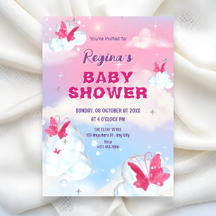 Convite Chuva de bebê borboleta nuvens roxas rosa cintilan