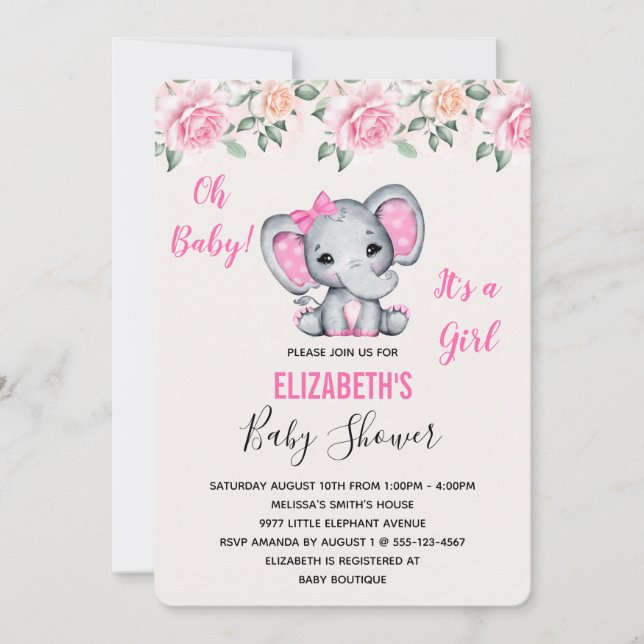 Convite Chuva de Bebê Borda de Elefante Rosa e Rosas (Frente)
