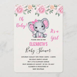 Convite Chuva de Bebê Borda de Elefante Rosa e Rosas