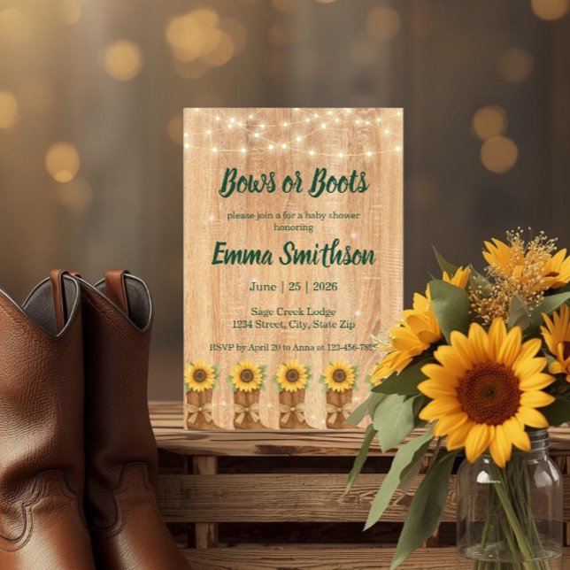 Convite Chuva de Bebê Botas de Cowboy Girassol Rústico (Cowboy boots with sunflowers & string lights on a rustic wood background for a baby shower)