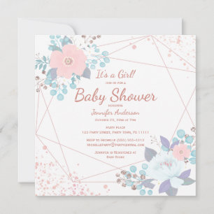 Convite Chuva de Bebê Brilho Dourado Rosa Floral Roxo