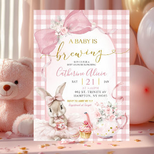 Convite Chuva de Bebê Bunny Floral Rosa Coquette Gingham