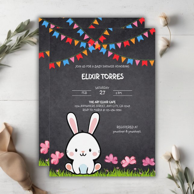 Convite Chuva de Bebê Bunny Loquinha de Quadro Negro Branc (Criador carregado)