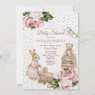 Convite Chuva de Bebê Bunny Teddy Bear Floral Rosa Vintage