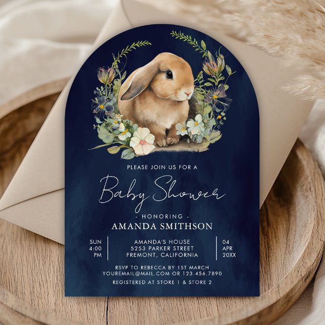 Convite Chuva de Bebê Bunny Verde Floral Azul Marinho Arco (Criador carregado)