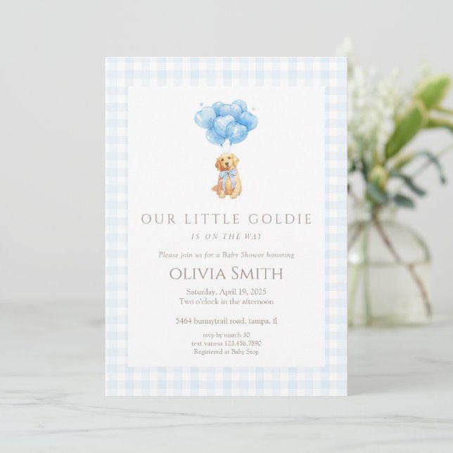 Convite Chuva de Bebê Cachorrinho Blue Goldendoodle (Em pé/Frente)