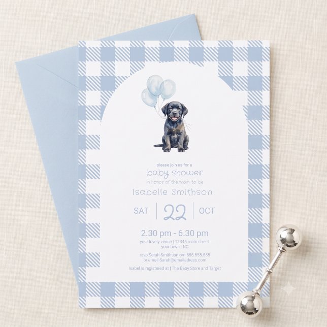 Convite Chuva de Bebê Cachorrinho Labrador Preto Xadrez Az (Criador carregado)