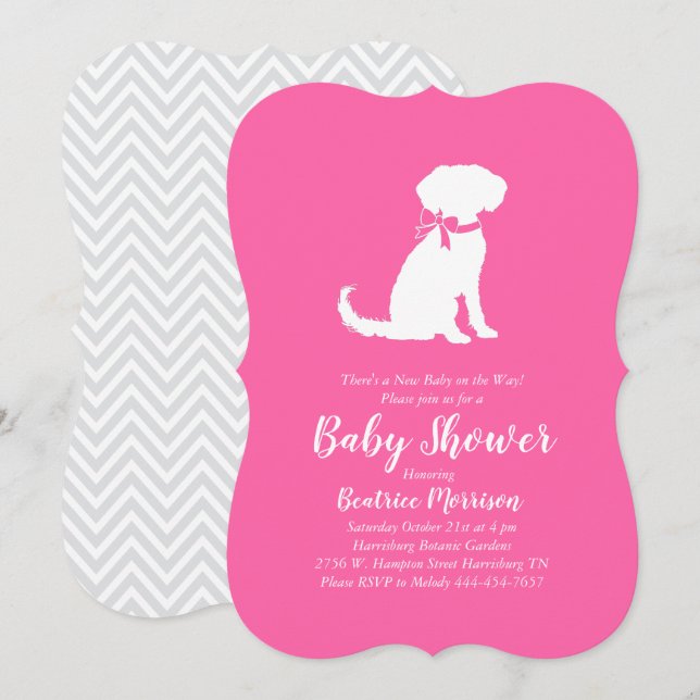 Convite Chuva de Bebê Cachorro Schnoodle Menina Rosa (Frente/Verso)
