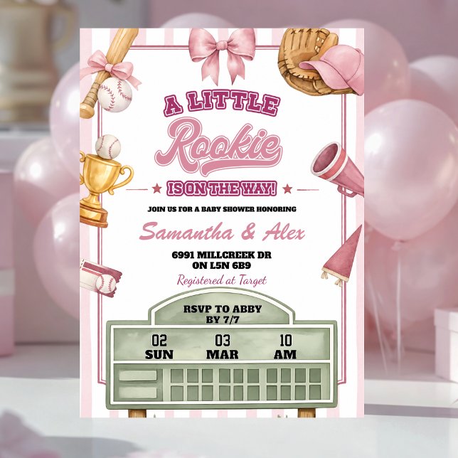 Convite Chuva de Bebê Calouro de Beisebol Rosa Roxo (Criador carregado)