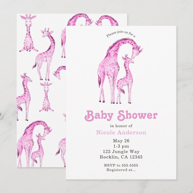 Convite Chuva de Bebê Caprichosa das Girafas Rosas (Frente/Verso)