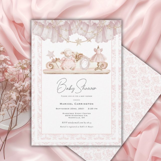 Convite Chuva de Bebê Caprichosa Vintage Rosa Elegante (Criador carregado)